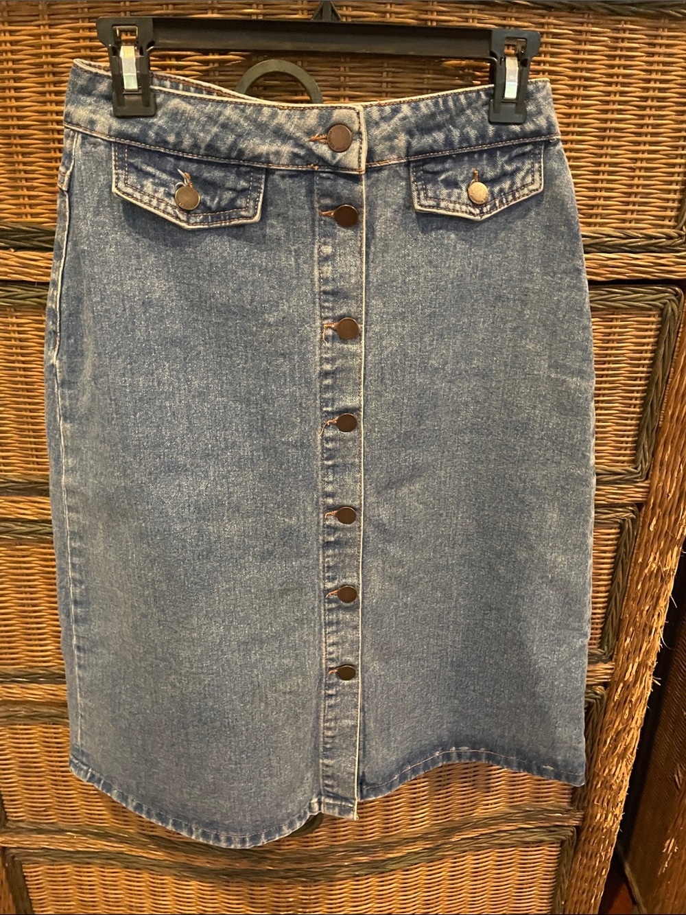 Zara Light Blue Button-Front Denim Midi Skirt